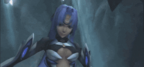 a video game character is holding a purple light sword