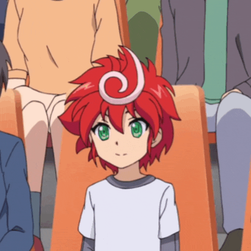 a cartoon character with red hair and green eyes is sitting in a crowd