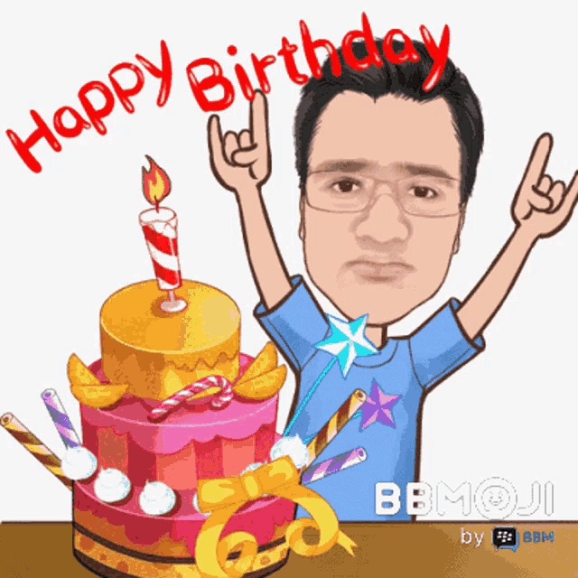 a cartoon of a man with a birthday cake and the words happy birthday