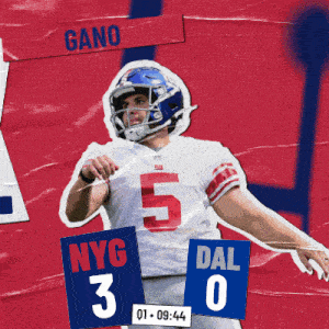 a football player with the number 5 on his jersey stands in front of a scoreboard that says nyg 3 dal 0