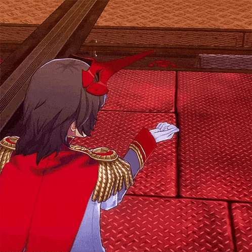 a video game character wearing a red mask and gold epaulettes