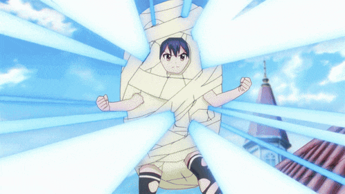 a cartoon character is wrapped in a blanket and surrounded by blue lights