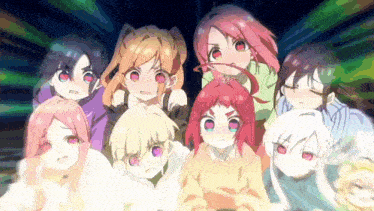 a group of anime girls are standing in a circle
