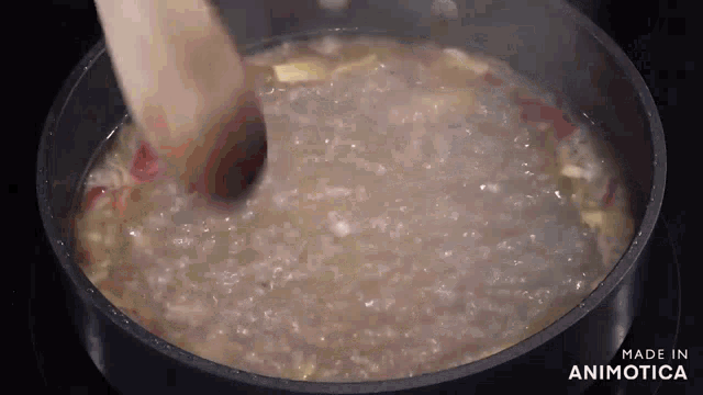 a person is stirring a pot of soup with a wooden spoon