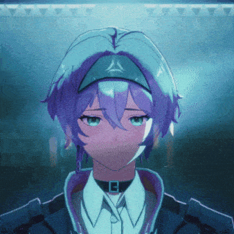 a girl with purple hair and green eyes is wearing a choker around her neck