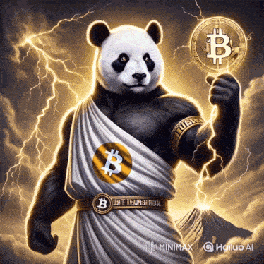 a panda bear in a toga holding a bitcoin coin