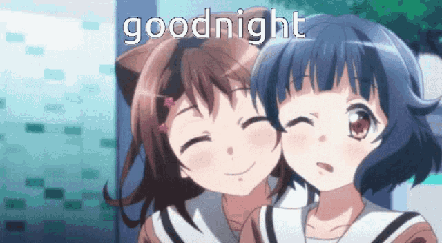 two anime girls are standing next to each other with the words goodnight written on the bottom