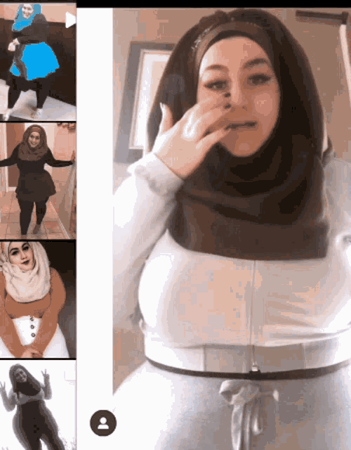 a collage of pictures of a woman wearing a hijab and a white top