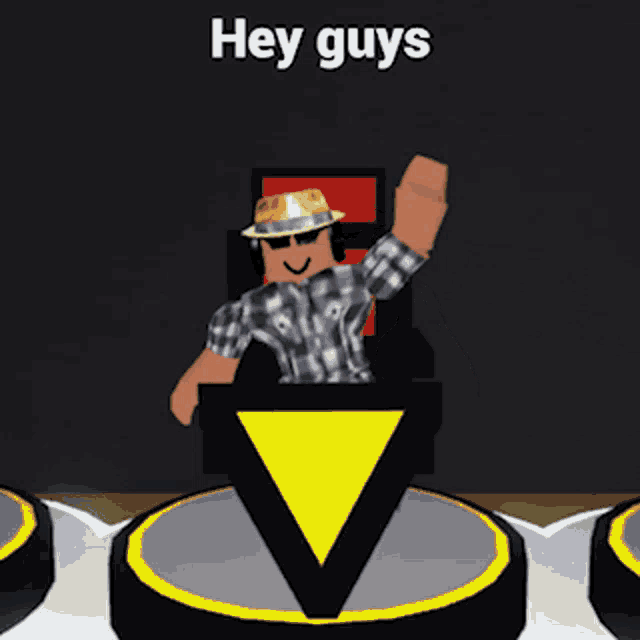 a man in a plaid shirt is sitting in a chair with the words hey guys below him