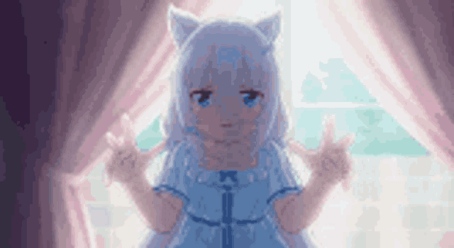 a little girl with white hair and cat ears is standing in front of a window with her hands outstretched .