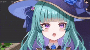 a girl with blue hair and purple eyes is wearing a purple hat and a blue bow .
