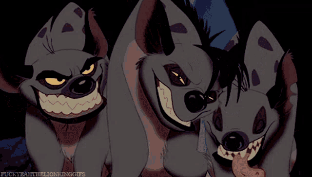 three cartoon hyenas with their tongues out and the words fuckyeahthelionkinggifs on the bottom