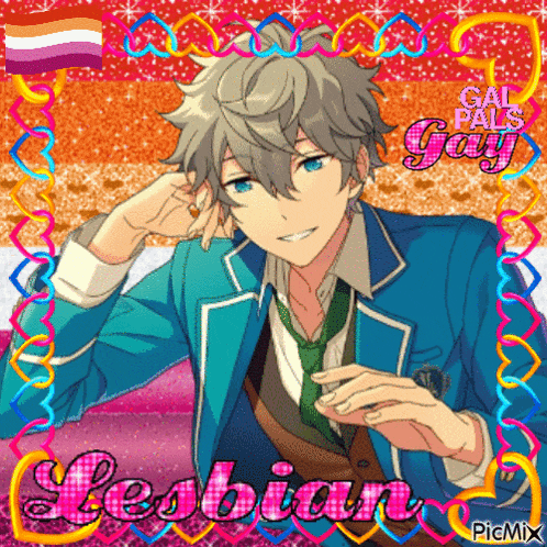 a picture of a gay anime character with the word lesbian written on it