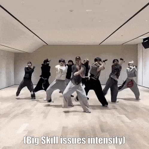 a group of people are dancing in a room with the words big skill issues intensify below them