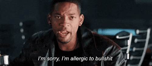 a man in a leather jacket is saying i 'm sorry i 'm allergic to bullshit