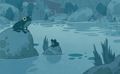 a frog is sitting on a rock in a pond