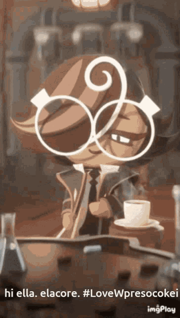 a cartoon character with glasses and a cup of coffee says hi ella elacore #lovewpresocokei
