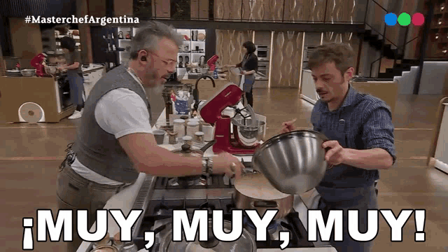two men are cooking in a kitchen with the words muy muy muy