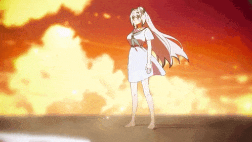 a girl in a white dress is standing in front of a sunset .