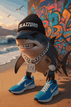 a shark wearing a beanie and a chain with the letter b on it