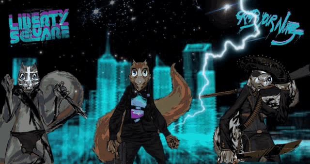 three squirrels are standing in front of a city skyline with the words liberty sevage written on the bottom