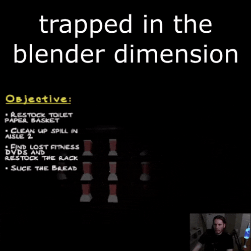 a man sitting in front of a blender with the words trapped in the blender dimension above him