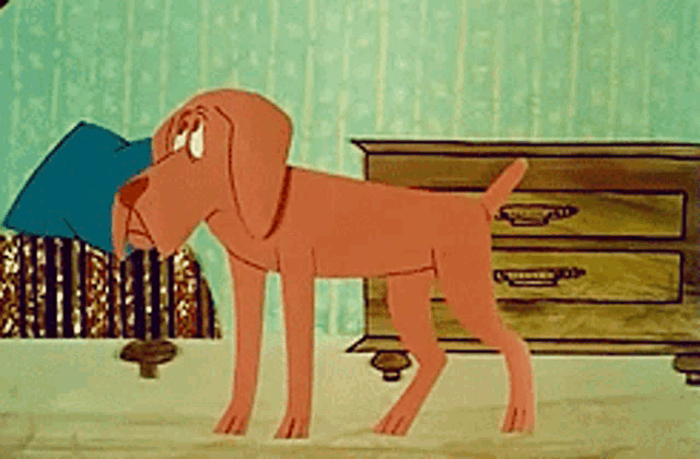 a cartoon dog standing next to a dresser with a blue pillow in its mouth