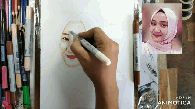 a person is drawing a picture of a woman with a marker that says copic on it