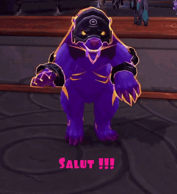 a purple monster in a video game says salut
