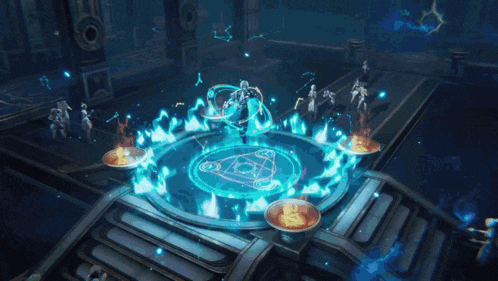 a character in a video game is surrounded by blue circles and fire .