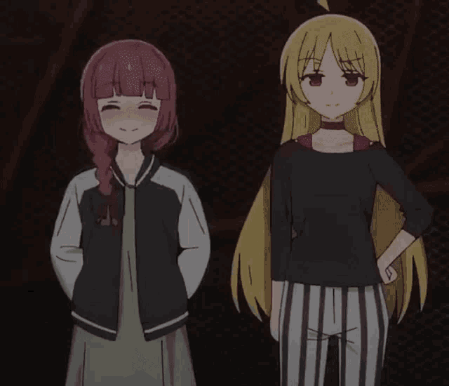 two anime girls standing next to each other with one wearing a striped shirt