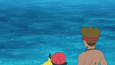 a man in a red hat looks at a cartoon character in the water
