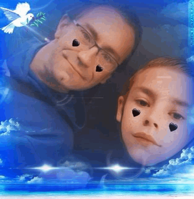 a man and a boy with hearts on their faces are standing next to each other .