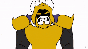 a cartoon drawing of a yellow monster with horns and a black mask