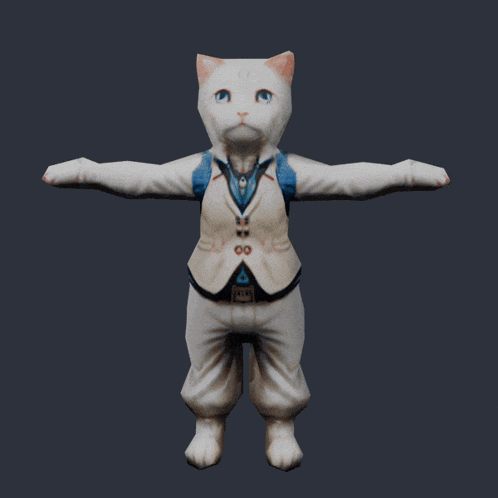 a 3d model of a white cat wearing a blue vest