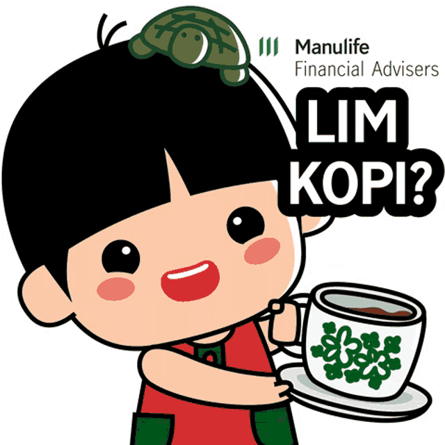 a cartoon character with a turtle on his head holding a cup of coffee and the words lim kopi