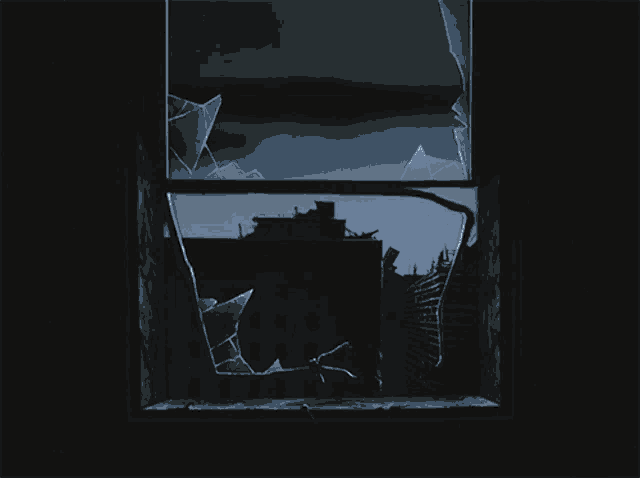 a broken window shows a lightning strike in the sky