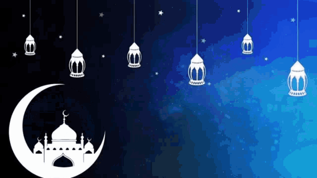 a mosque and a crescent moon are silhouetted against a blue sky with lanterns hanging from the ceiling .