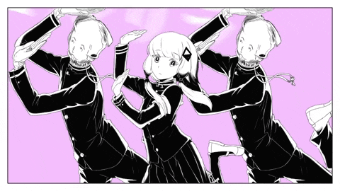 three anime characters are standing next to each other on a pink background in a black and white drawing .