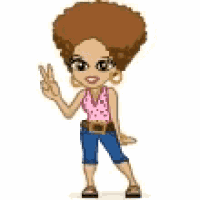 a cartoon girl is giving a peace sign while wearing a pink top and blue shorts .