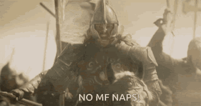 a man in armor is riding a horse with the words no mf naps below him