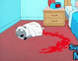 a cartoon sheep is laying on the floor with blood coming out of it
