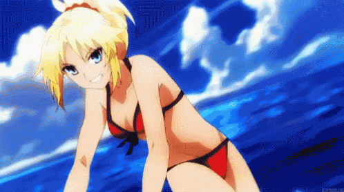 a blonde anime girl in a red bikini is kneeling on the beach .