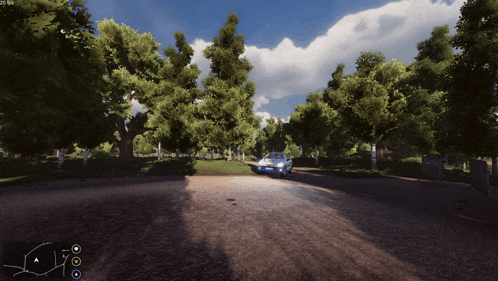 a car is driving down a dirt road surrounded by trees in a video game
