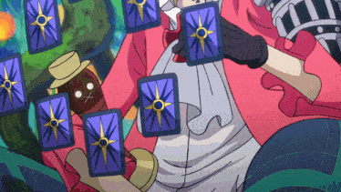 a cartoon character holding a tarot card with a star on the back