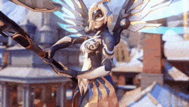 a video game character named mercy is holding a sword in her hand