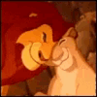 simba and nala from the lion king are kissing each other and smiling .