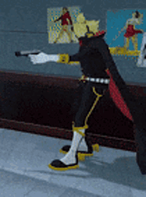 a cartoon character is holding a gun in front of a wall