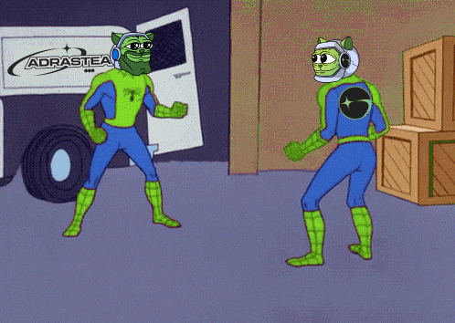 two cartoon characters are pointing at each other in front of an adrastea truck