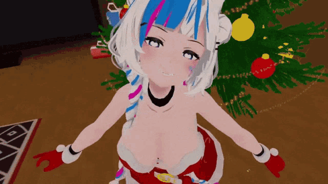 a naked anime girl with blue and pink hair is standing in front of a christmas tree